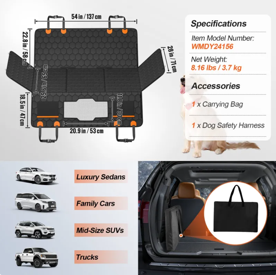 Cubierta Impermeable para Asiento Trasero de Mascotas 54x25.6in