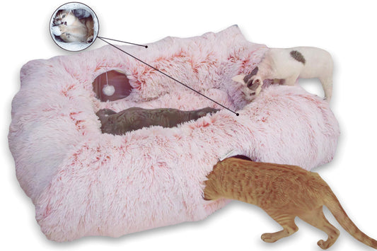 XxingSheep Cama Túnel XL 4 Cavidades para Gatos de Interior Peekaboo Juguete Donut con Alfombra Cálida Blanco Rosado